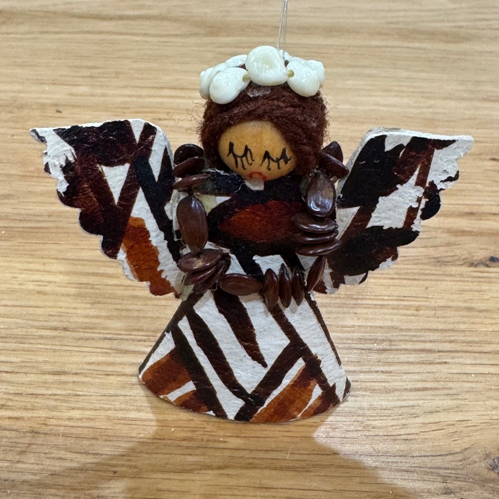 Vintage 1992 Handcrafted Folk Art Angel Ornament Shells Seeds Bark Mixed Media